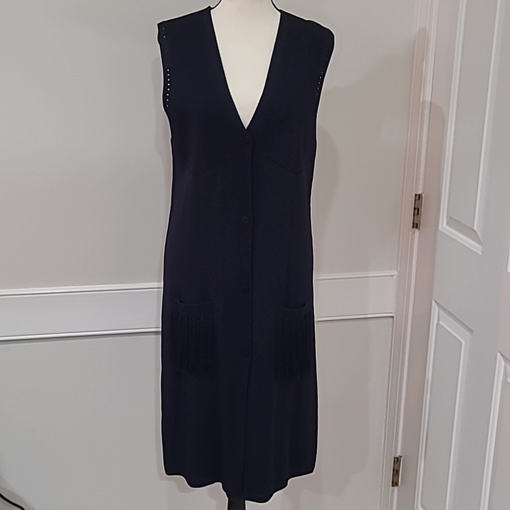 Sleeveless Navy Blue Button-Front Sweater with Fringe Pockets Size M